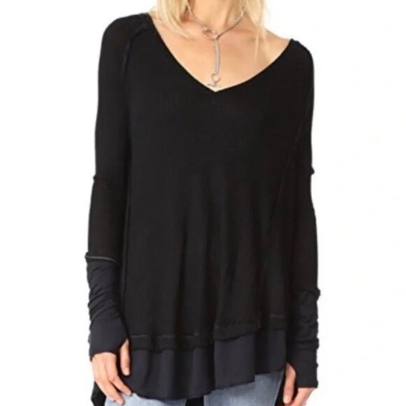 Free People Top Womens Small Black Laguna Thermal Oversized Waffle Knit - Picture 1 of 12